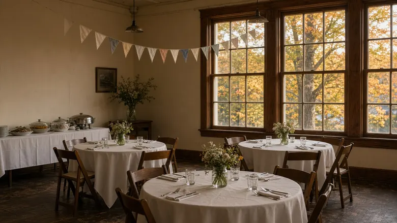 Illustration of a small community hall set for a family celebration: round tables with white cloths, jars of wildflowers, bunting and a buffet table, autumn trees outside the windows