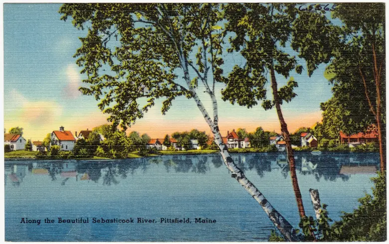 Linen postcard of the Sebasticook River at Pittsfield, Maine, about 1930–45