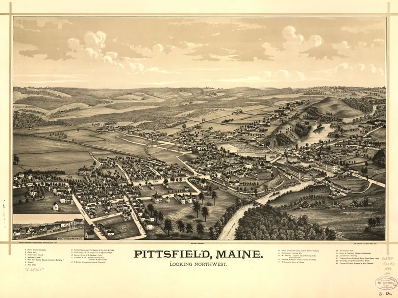 Bird's-eye view lithograph of Pittsfield, Maine, 1889
