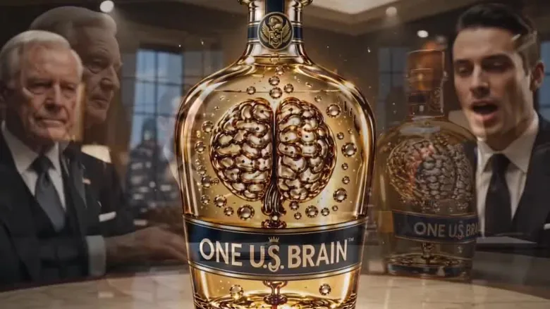 Still from the AI-generated MasonBrain brand film: an older and a younger man beside the bottle, reflected in glass