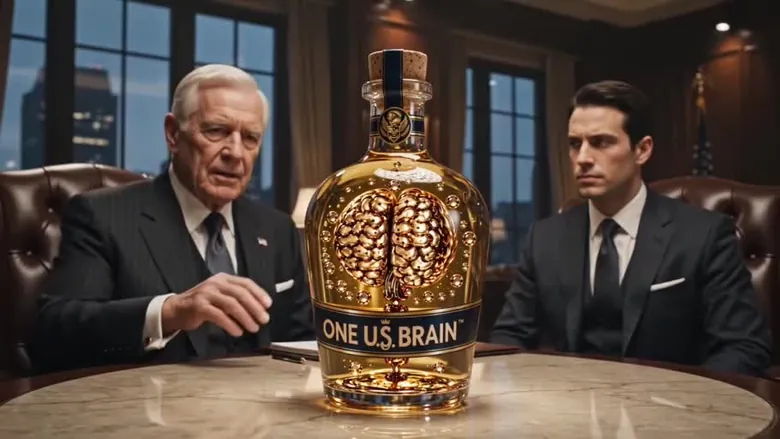 Still from the AI-generated MasonBrain brand film: two men seated either side of the bottle on a marble table