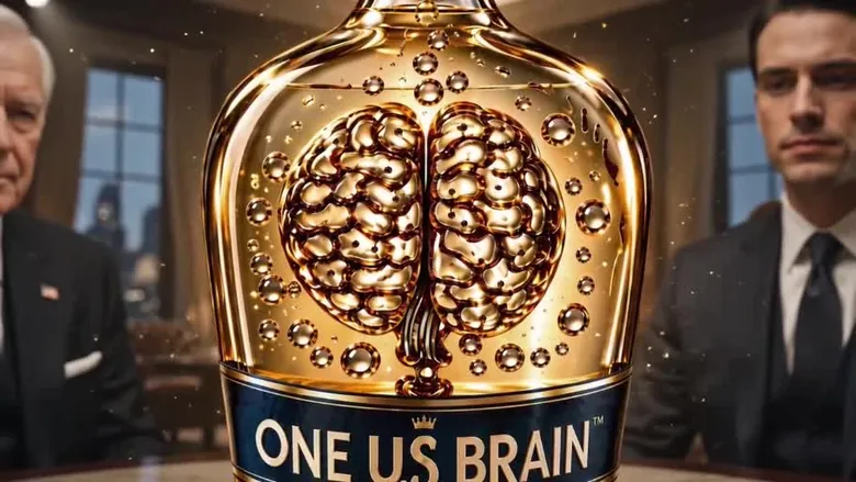 Still from the AI-generated MasonBrain brand film: close-up of the “One U.S. Brain” bottle, two men in suits behind it